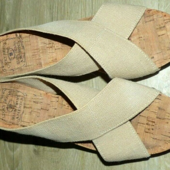 Lucky Brand Miller Tan Nailhead Cork Wedge Sandals - Picture 3 of 9